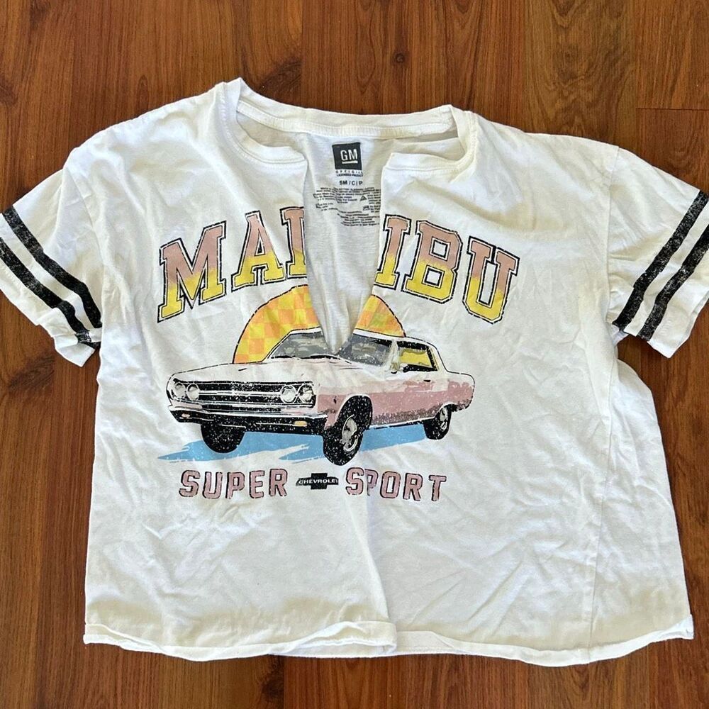 GM Malibu car vintage short sleeve cropped T-shirt size S cut up
